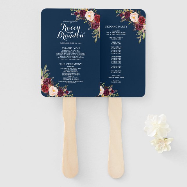 Elegant Burgundy Floral Navy Blue Wedding Program Hand Fan (Front and Back)