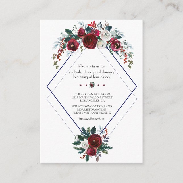 Elegant Burgundy Floral Navy Wedding Details Enclosure Card (Front)