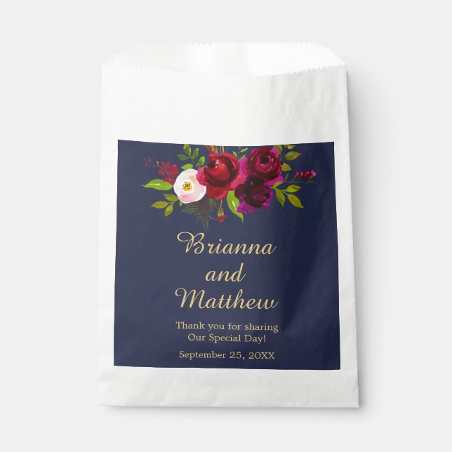 Elegant Burgundy Floral on Navy Blue Favour Bag (Front)