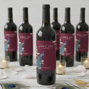 Elegant Burgundy Floral Peacock Wedding Wine Label