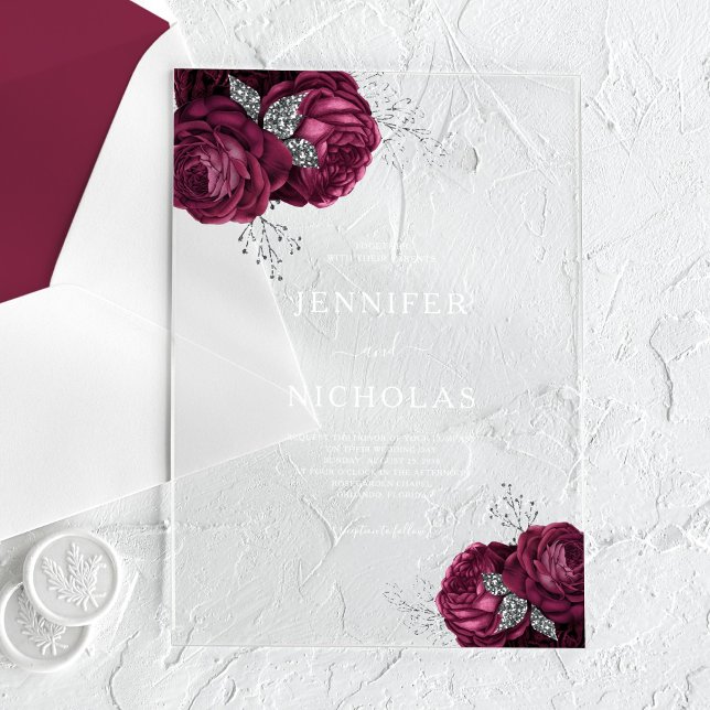 Elegant Burgundy Floral Peonies Wedding Acrylic Invitations (Elegant Burgundy Floral Peonies Wedding Acrylic Invitations)