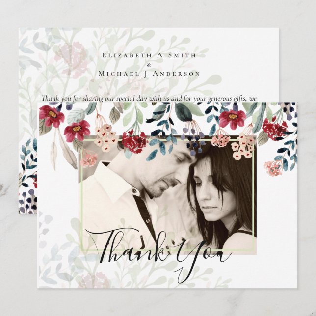 Elegant Burgundy Floral Photo Collage Thank You (Front/Back)