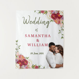 Elegant Burgundy Floral Photo Wedding Backdrop Tapestry