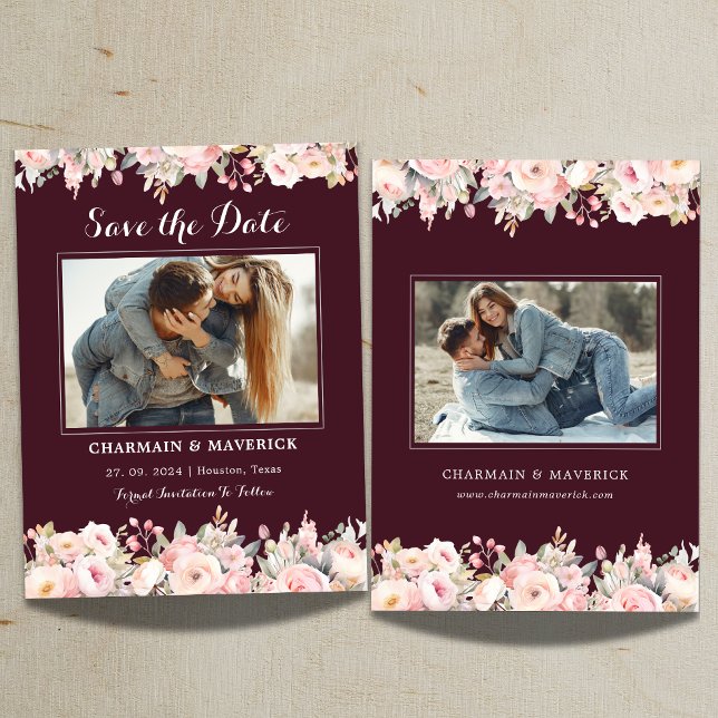 Elegant Burgundy Floral Pink Wedding Save the Date Invitation (Creator Uploaded)