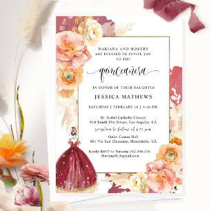 Elegant Burgundy Floral Princess Quinceañera Invitation