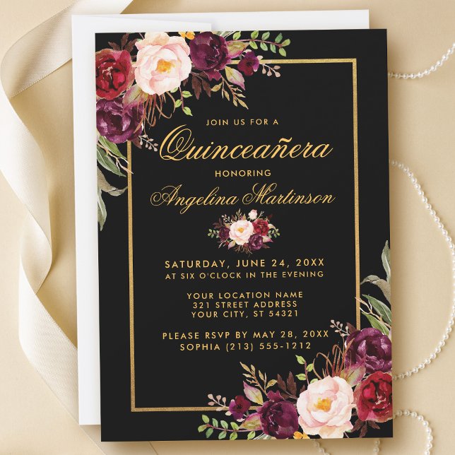 Elegant Burgundy Floral Quinceanera Black Gold Invitation (Creator Uploaded)