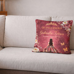 Elegant Burgundy Floral Quinceañera Throw Pillow