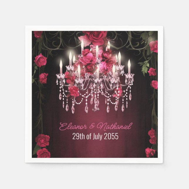 Elegant Burgundy Floral Roses Chandelier Wedding Napkin (Front)