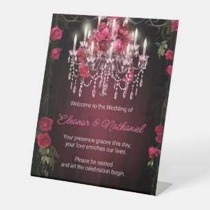Elegant Burgundy Floral Roses Chandelier Wedding Pedestal Sign