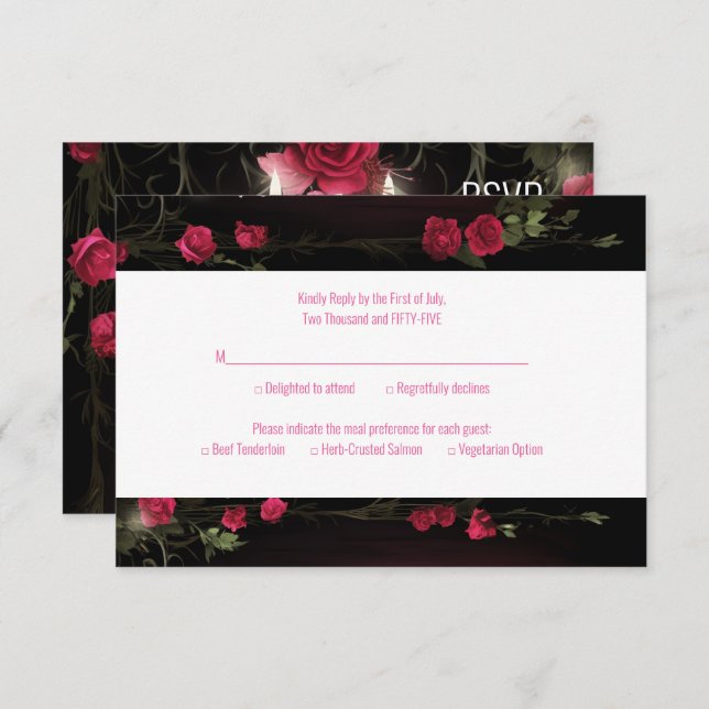 Elegant Burgundy Floral Roses Chandelier Wedding RSVP Card (Front/Back)