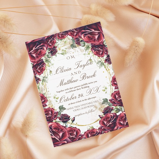 Elegant Burgundy Floral Roses Gold Wedding  Invitation (Creator Uploaded)