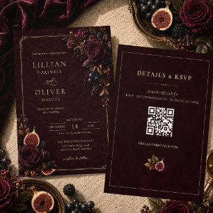Elegant Burgundy Floral RSVP QR Code Wedding Invitation