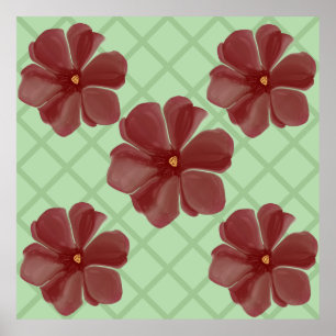 Elegant Burgundy Floral & Sage Green Lattice Patte Poster