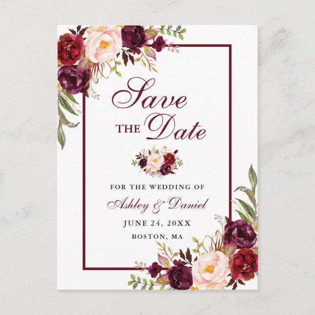 Elegant Burgundy Floral Save The Date Announcement Postcard (Front)