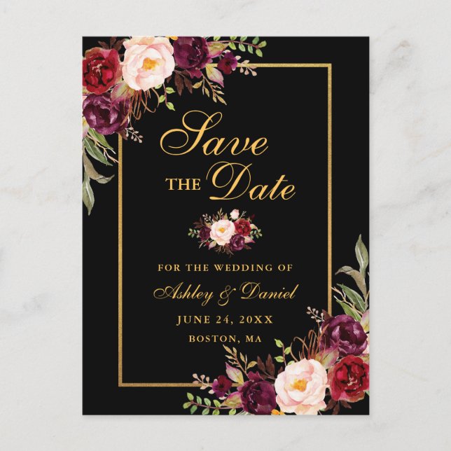 Elegant Burgundy Floral Save the Date Black Gold Announcement Postcard (Front)