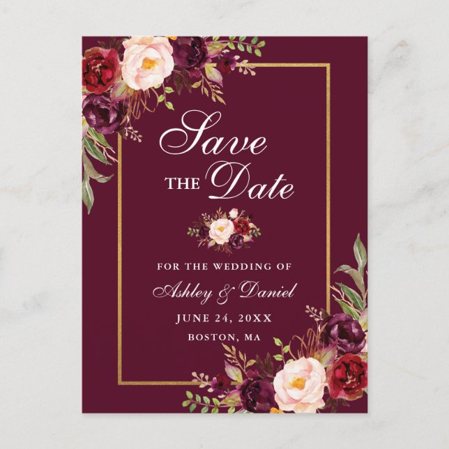 Elegant Burgundy Floral Save the Date Gold Announcement Postcard (Front)