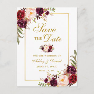 Elegant Burgundy Floral Save the Date Gold Announcement Postcard