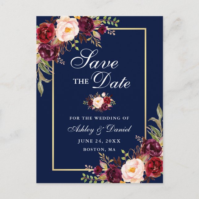 Elegant Burgundy Floral Save the Date Gold Blue Announcement Postcard (Front)