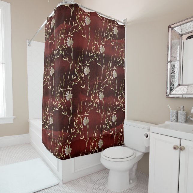 Elegant Burgundy Floral Shower Curtain (In Situ)