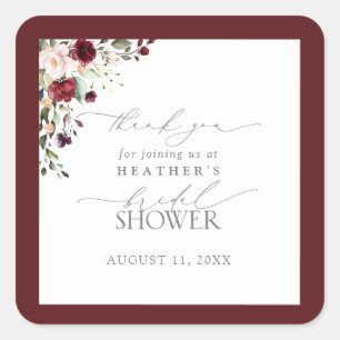 Elegant Burgundy Floral Shower Thank You Square Sticker