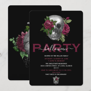 Elegant Burgundy Floral Skull Halloween Party Invitation