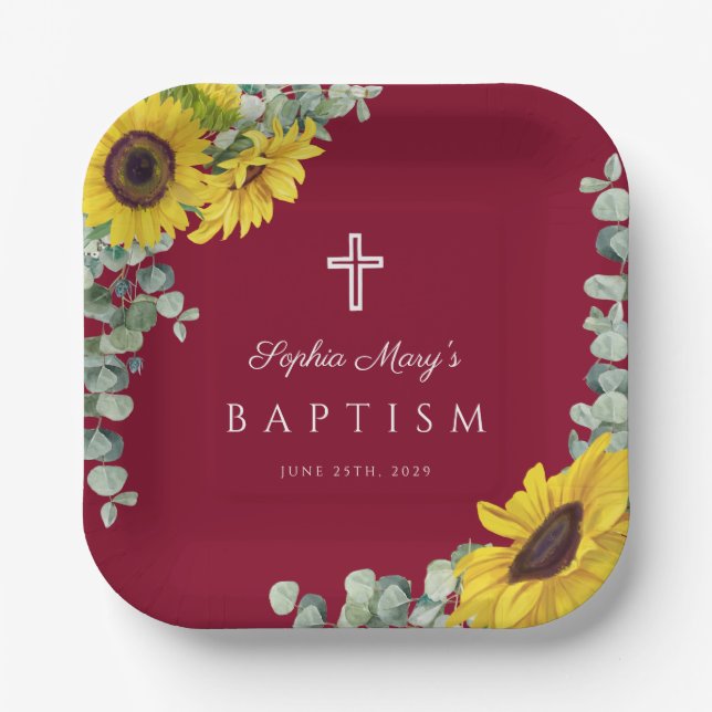 Elegant Burgundy Floral Sunflowers Cross Baptism Paper Plate (Front)