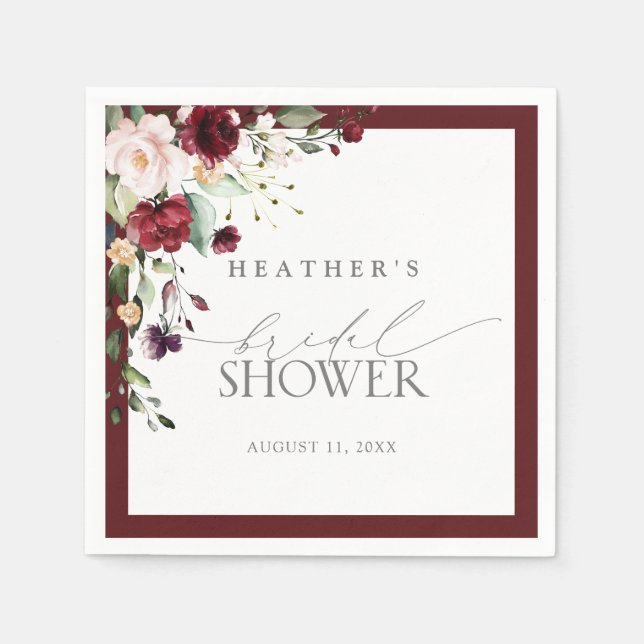Elegant Burgundy Floral Watercolor Bridal Shower Napkin (Front)