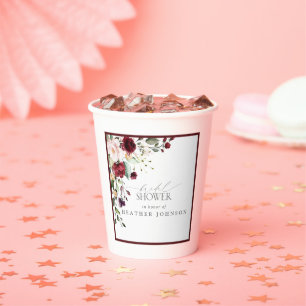 Elegant Burgundy Floral Watercolor Bridal Shower Paper Cups