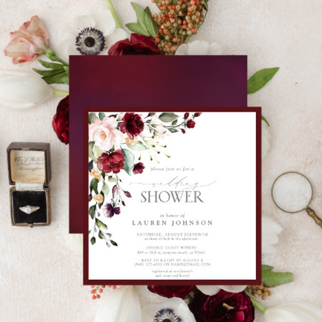 Elegant Burgundy Floral Watercolor Wedding Shower Invitation (Creator Uploaded)