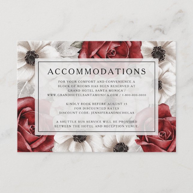 Elegant Burgundy Floral Wedding Accommodations  Enclosure Card (Front)