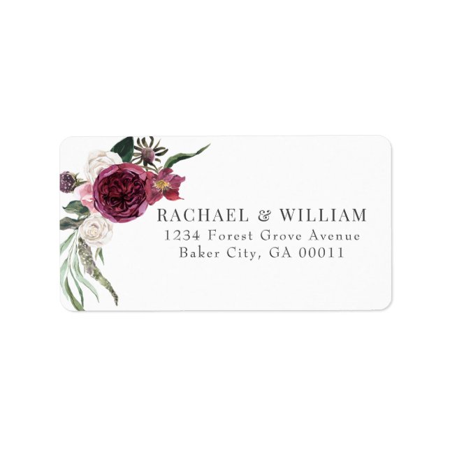 Elegant Burgundy Floral Wedding Address Label (Front)