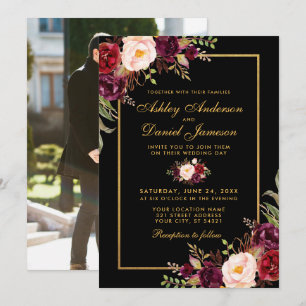 Elegant Burgundy Floral Wedding Black Gold Photo Invitation