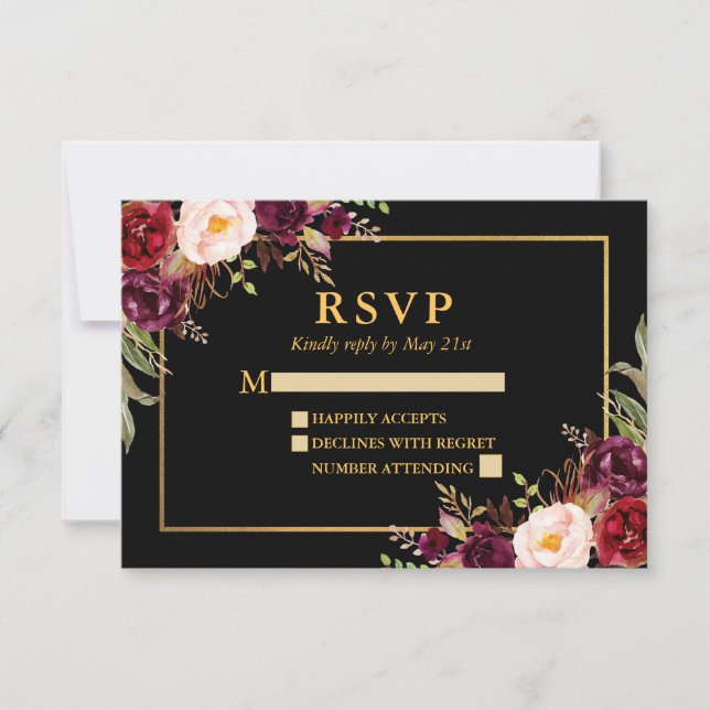 Elegant Burgundy Floral Wedding Black Gold RSVP (Front)