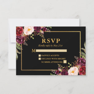 Elegant Burgundy Floral Wedding Black Gold RSVP Card