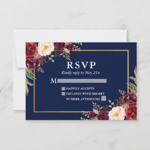 Elegant Burgundy Floral Wedding Blue Gold RSVP Card