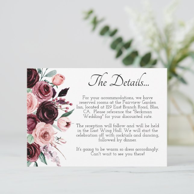 Elegant Burgundy Floral Wedding Detail Enclosure Card (Standing Front)