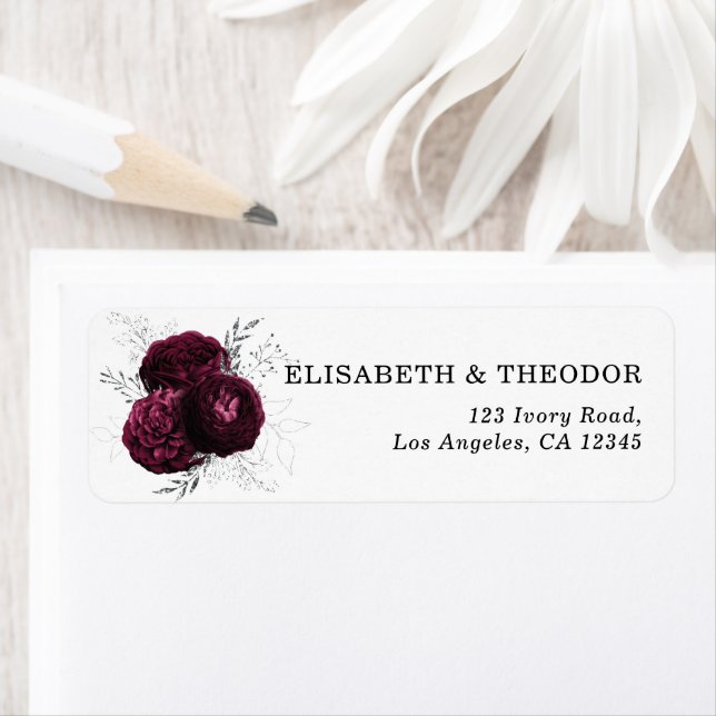 Elegant Burgundy Floral Wedding Label Return Address Label (Insitu)