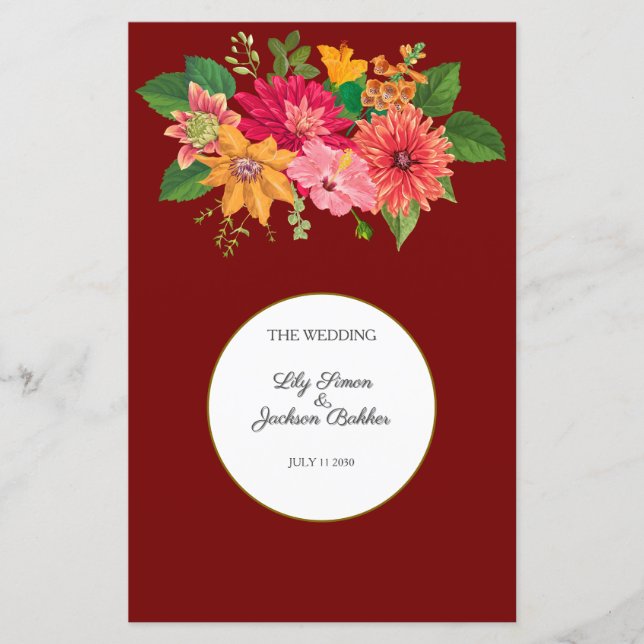 Elegant Burgundy Floral Wedding Program (Front)