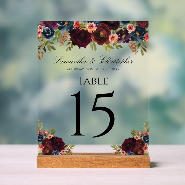 Elegant Burgundy Floral Wedding Reception Table Acrylic Sign (Neutral)