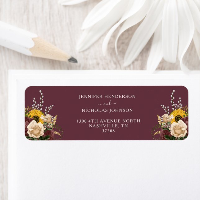 Elegant Burgundy Floral Wedding Return Address Lab Label (Insitu)