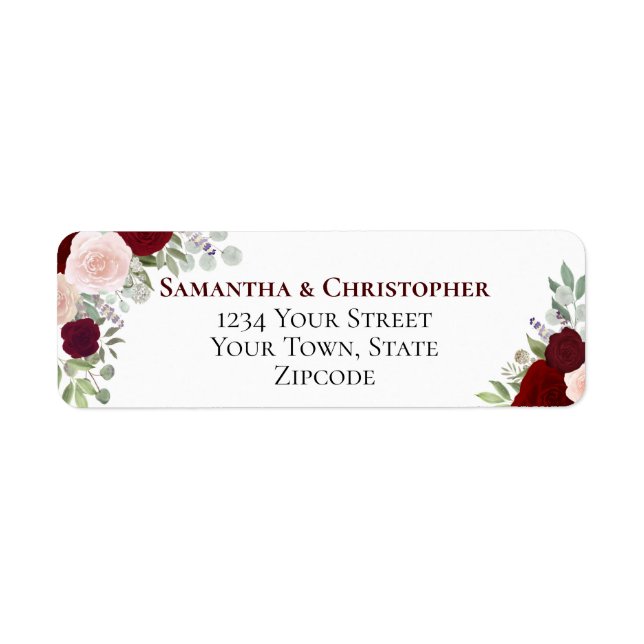 Elegant Burgundy Floral Wedding Return Address Label (Front)