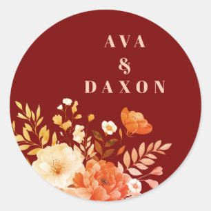 Elegant Burgundy Floral Wedding Round Sticker