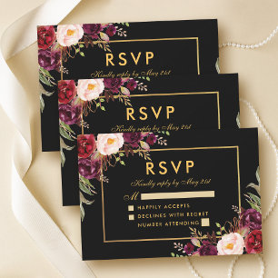 Elegant Burgundy Floral Wedding RSVP Black Gold