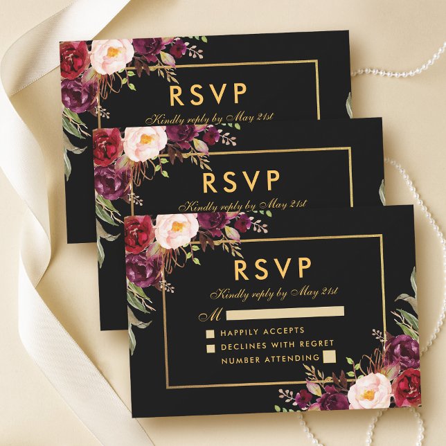 Elegant Burgundy Floral Wedding RSVP Black Gold Card (Customize to change text size, text style or color.)