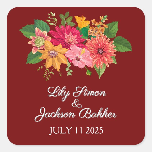 Elegant Burgundy Floral Wedding Square Sticker (Front)