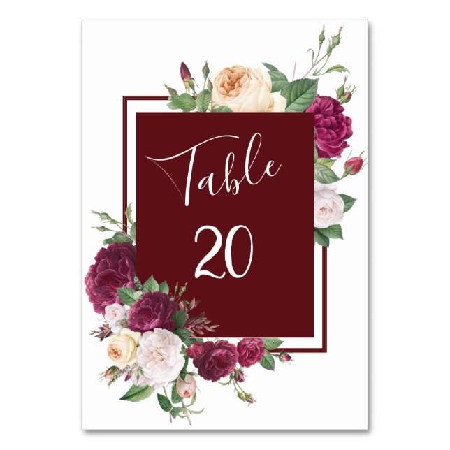Elegant Burgundy Floral - Wedding Table Card (Front)