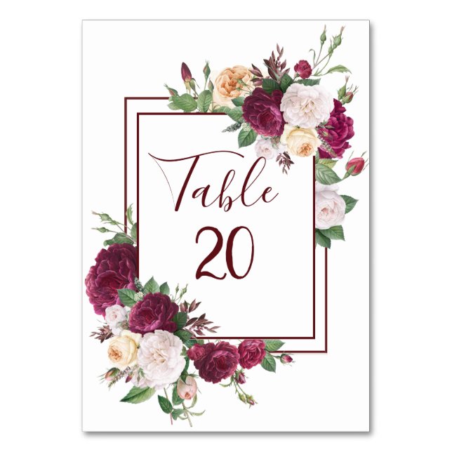 Elegant Burgundy Floral - Wedding Table Card (Front)