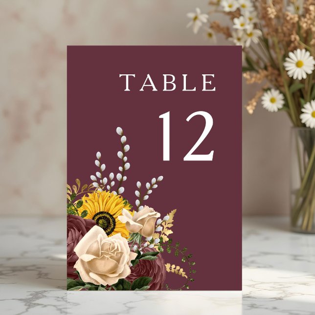 Elegant Burgundy Floral Wedding  Table Number (Elegant Burgundy Floral Wedding Table Number)