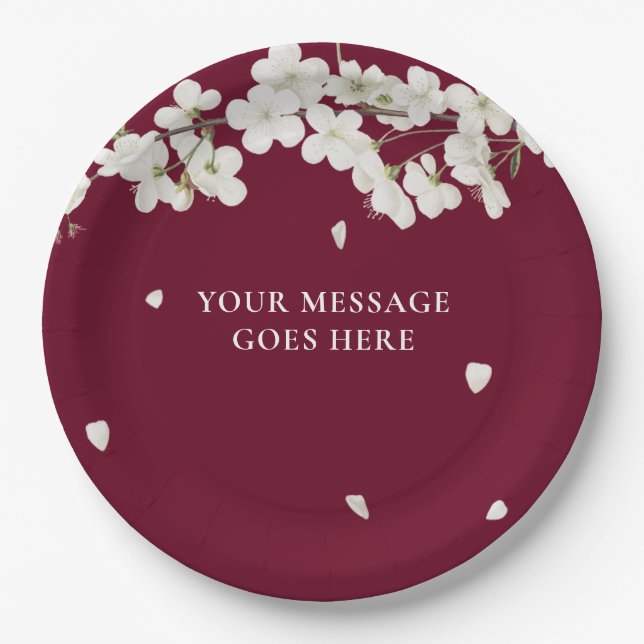 Elegant Burgundy Floral Wedding White Blossom Paper Plate (Front)