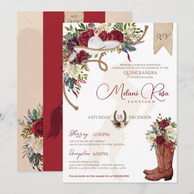 Elegant Burgundy Floral Winter Charro Quinceanera Invitation (Front/Back)